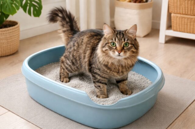 Cat standing in a litter box