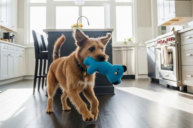 Dog in kitchen with blue toy in the mouth