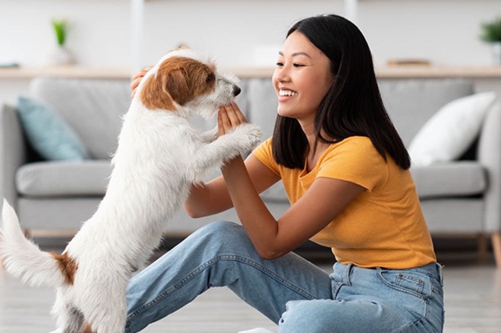 woman bonding with Pet at Home