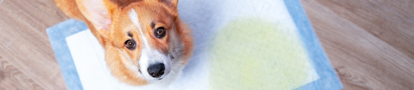 Corgi puppy looking up next to a urine stain on a training pad