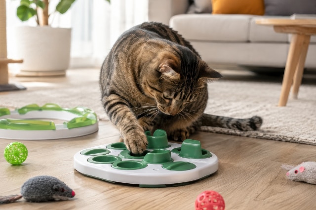 Cat playing with puzzle feeder toy