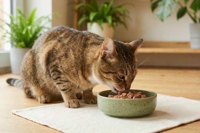 A tabby cat eating wet food from a green bowl on a placemat inside a brightly lit room.