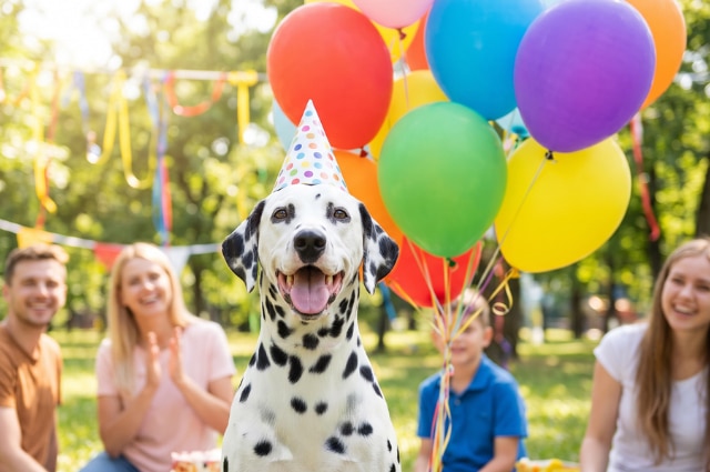 A Dalmatian dog wearing a festive birthday party hat in front of colorful balloons with a happy family celebrating in the background