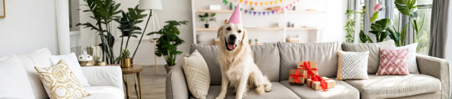 A happy Golden Retriever wearing a pink party hat sitting on a couch next to wrapped gifts in a decorated living room