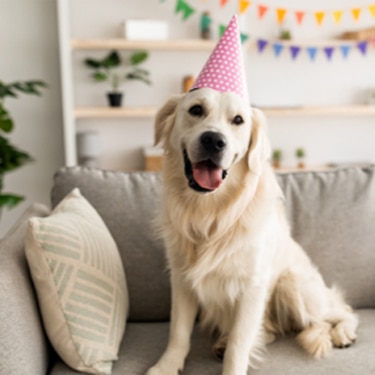 A happy Golden Retriever wearing a pink party hat sitting on a couch next to wrapped gifts in a decorated living room
