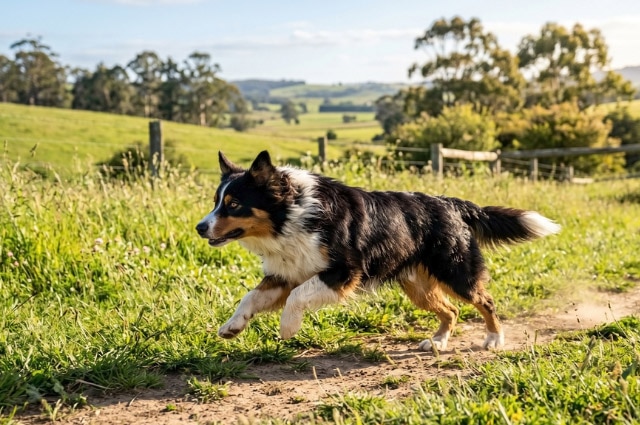 An Australian Shepherd running freely through a sunny grassy field outdoors.