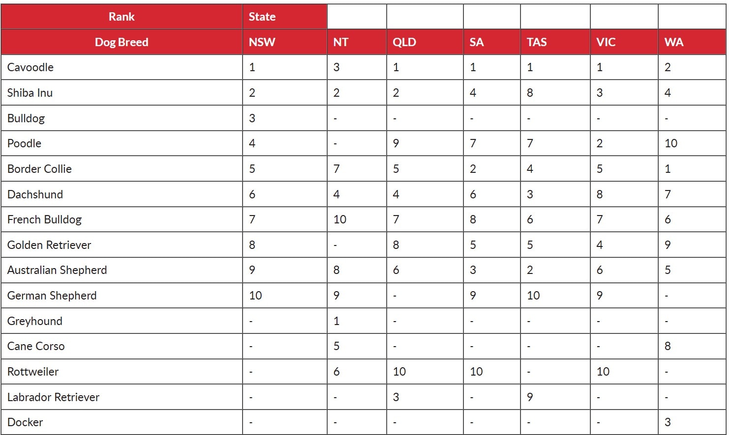 Trending dog breeds in state and territory